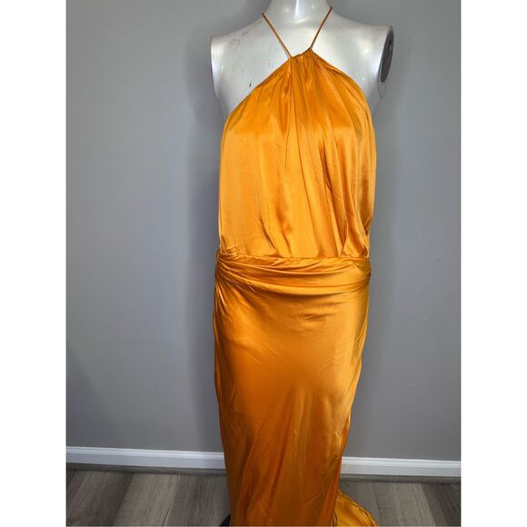 NWT THE SEI Women's Satin Silk Pleated Halter Gown In Mango Size 10 $1125 - Picture 4 of 11